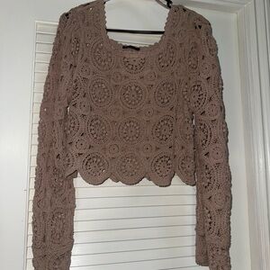 Very J Crochet Lace Top in Taupe